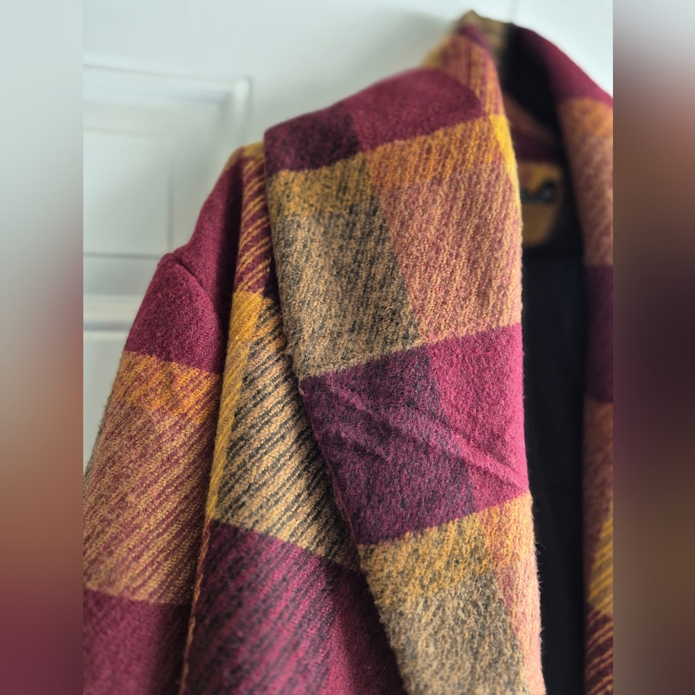 Chicwish Prairie Rabato Wrap Fall Coat Jacket Wool Burgundy/Mustard Yellow Plaid - Picture 12 of 14